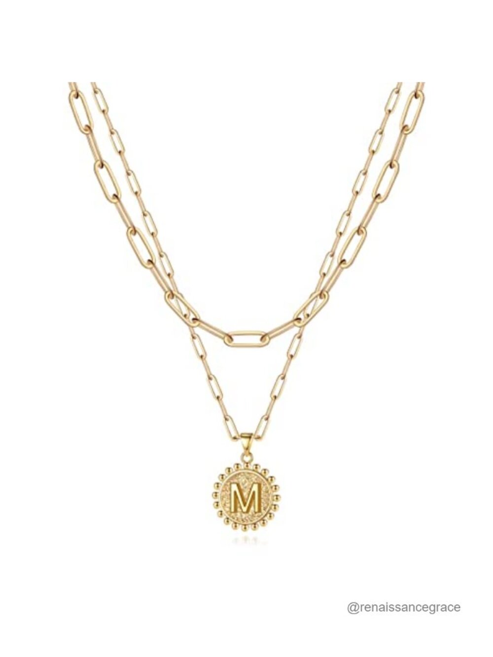 Gold Plated Paperclip Initial Necklace Adjustable Layer Coin Pendant